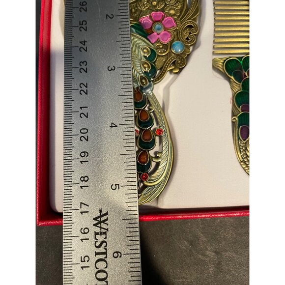 Beautiful Cloisonne Brass Peacock Mirror and Comb Set New main image 9